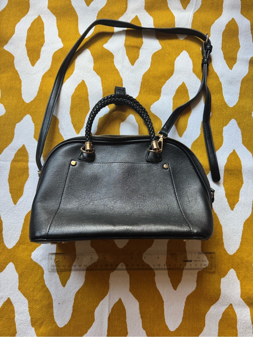 Madison West Black Braided-Handle Satchel with Gold Hardware